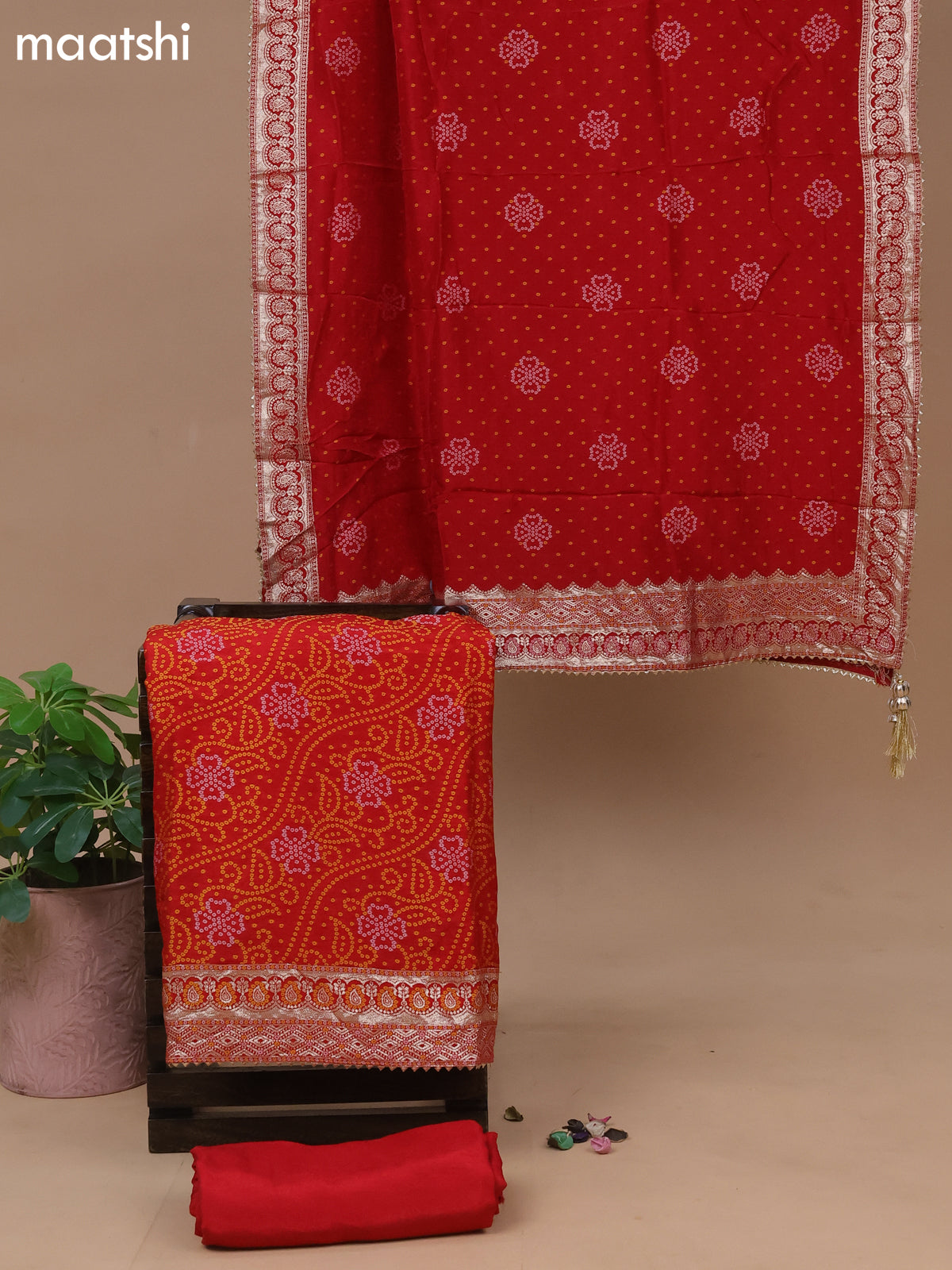 Banarasi silk dress material red with allover bandhani weaves and bottom & dupatta