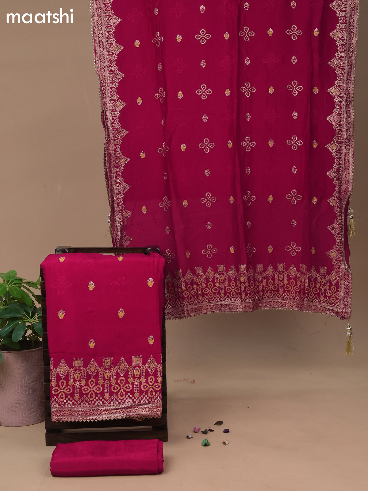 Banarasi silk dress material pink with woven buttas and bottom & dupatta