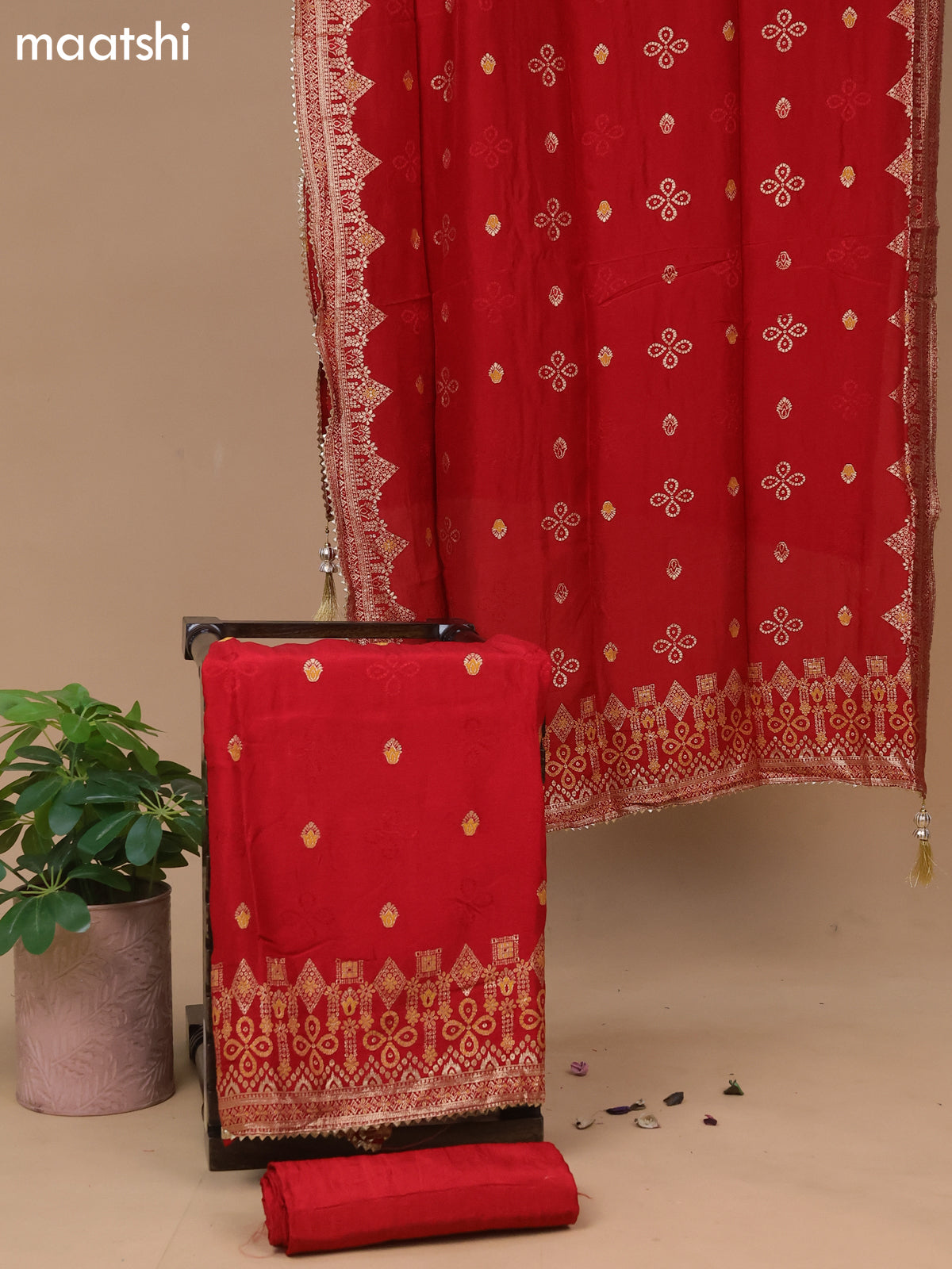 Banarasi silk dress material red with woven buttas and bottom & dupatta