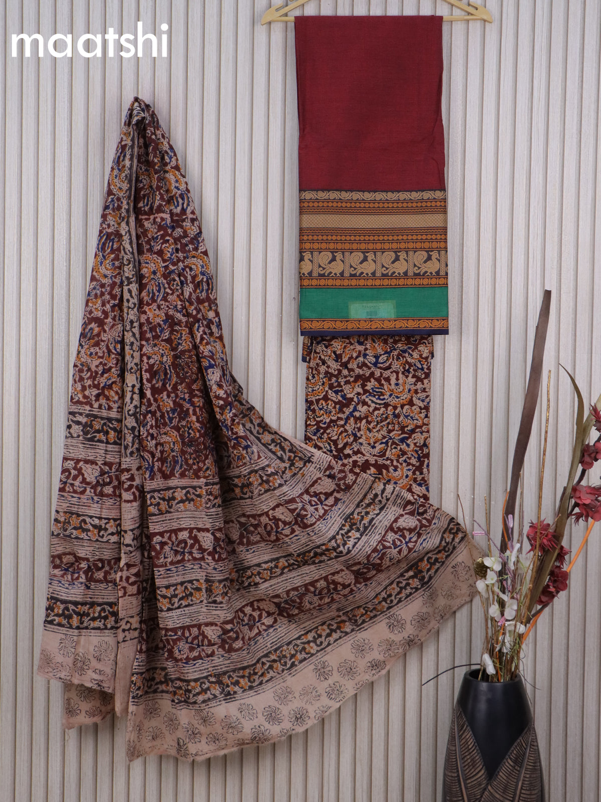 Cotton dress material maroon and deep maroon with plain body & long thread woven border and kalamkari bottom & dupatta