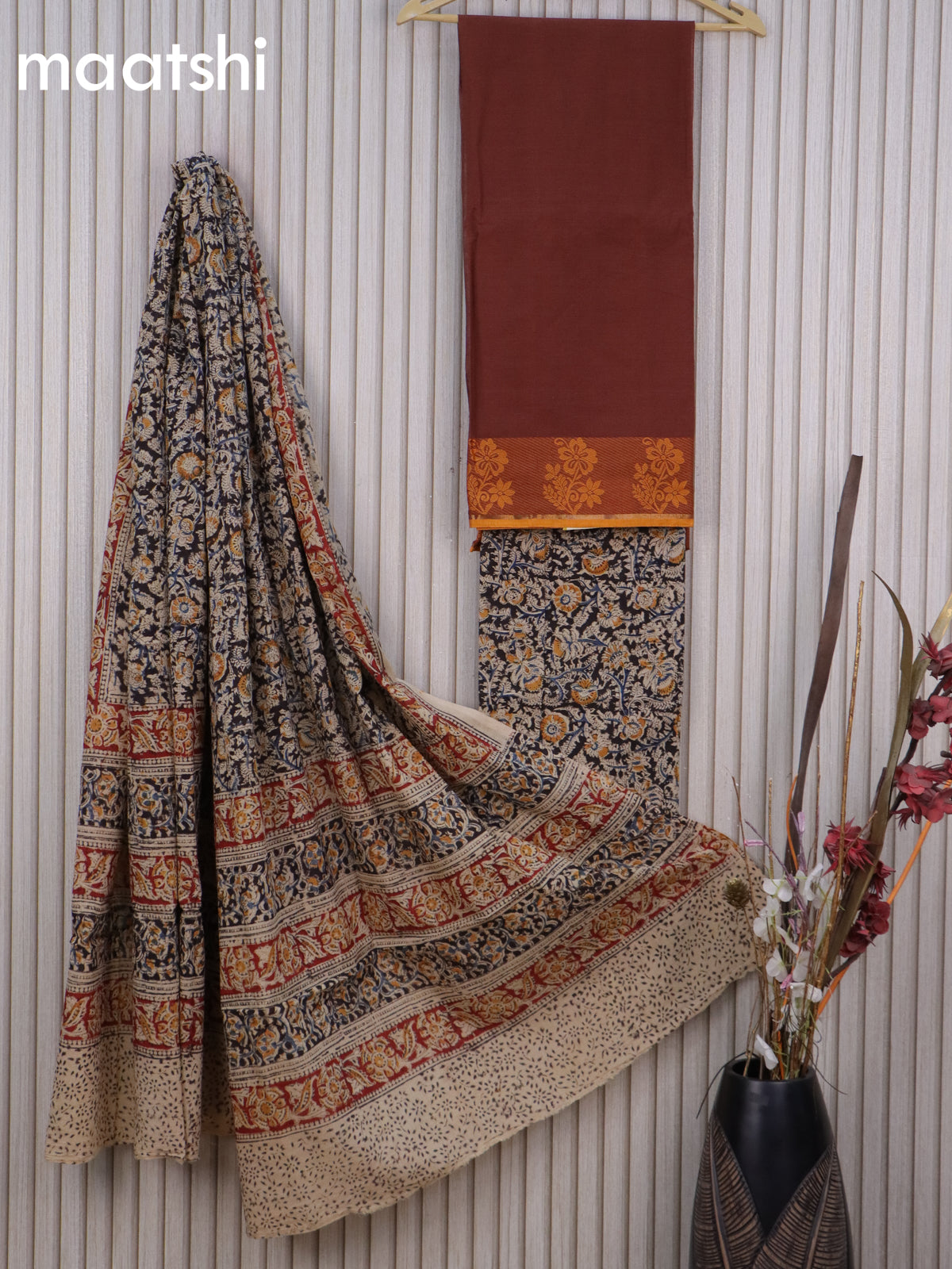 Cotton dress material brown and black beige with plain body & thread woven border and kalamkari bottom & dupatta