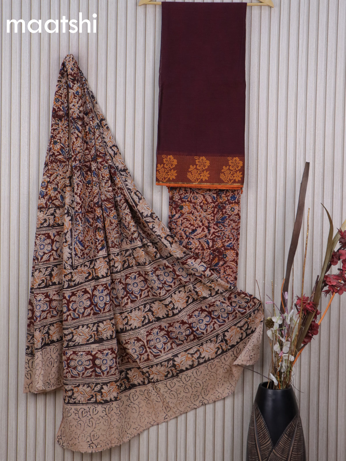 Cotton dress material wine shade and beige brown with plain body & thread woven border and kalamkari bottom & dupatta