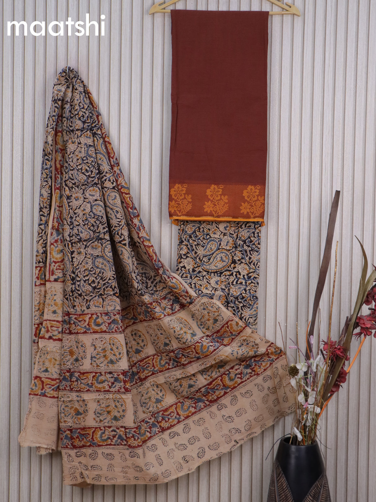 Cotton dress material brown and black beige with plain body & thread woven border and kalamkari bottom & dupatta