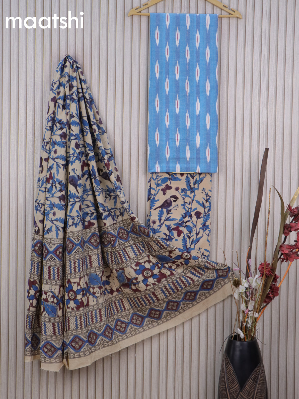 Cotton dress material blue and beige with allover ikat buttas weaves and kalamkari bottom & dupatta