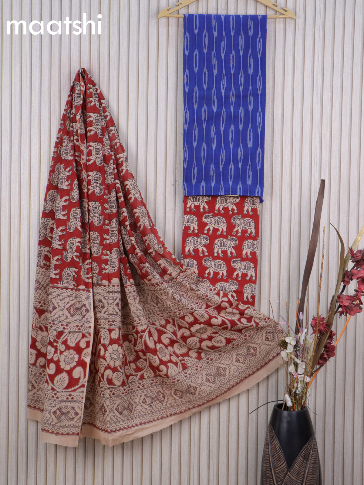 Cotton dress material blue and maroon with allover ikat weaves and kalamkari bottom & dupatta