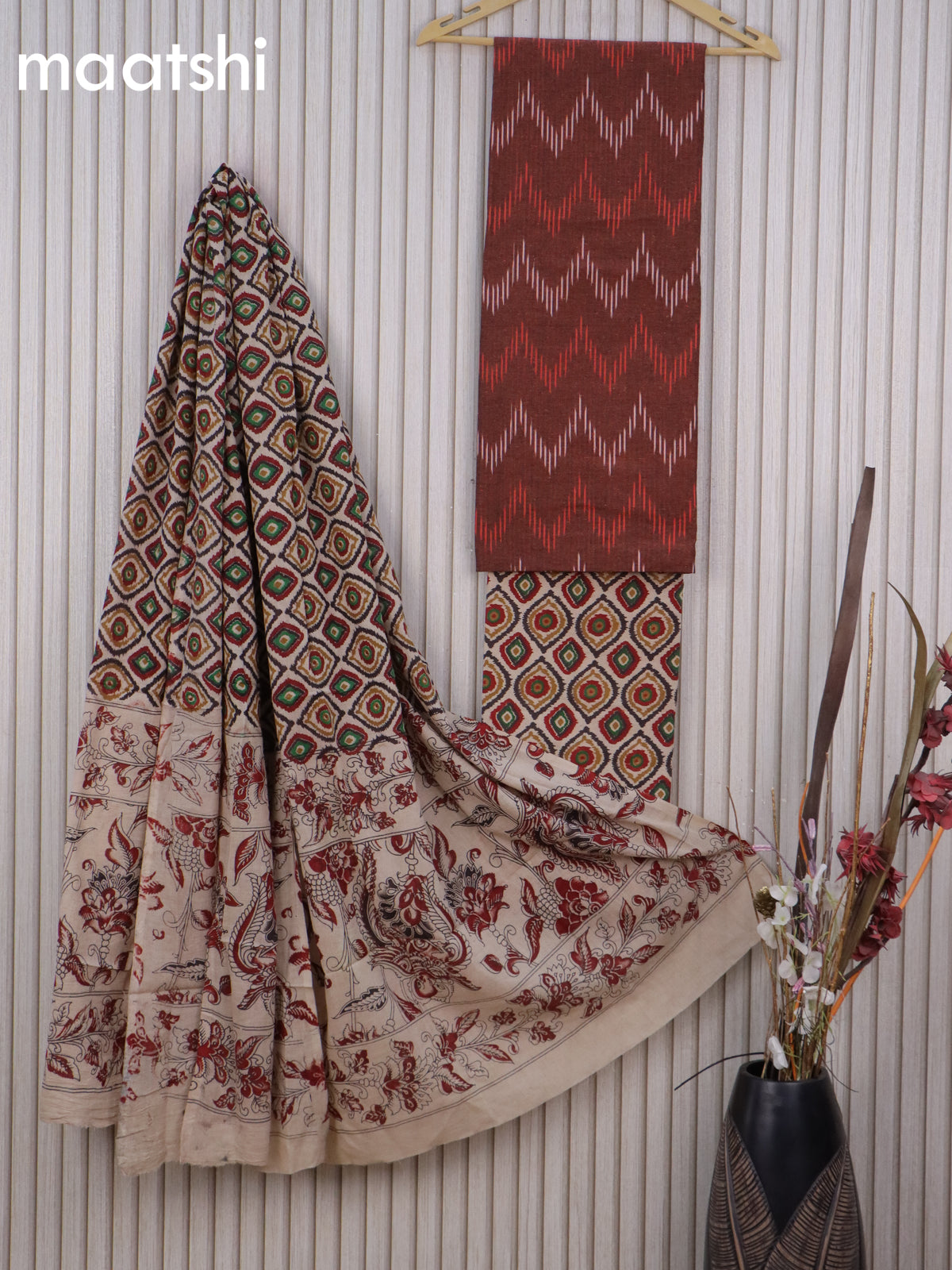 Cotton dress material brown and beige with allover ikat weaves and kalamkari bottom & dupatta