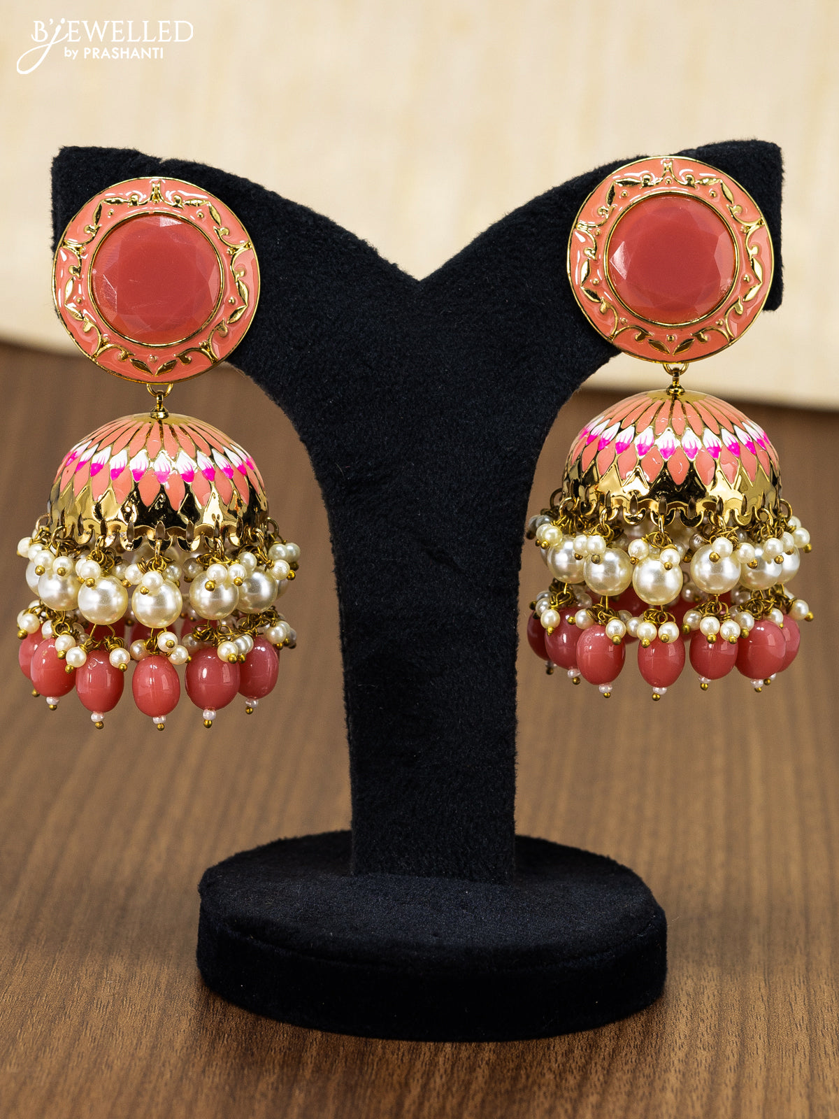 Light weight minakari peach jhumka with pearl and monalsia beads hanging