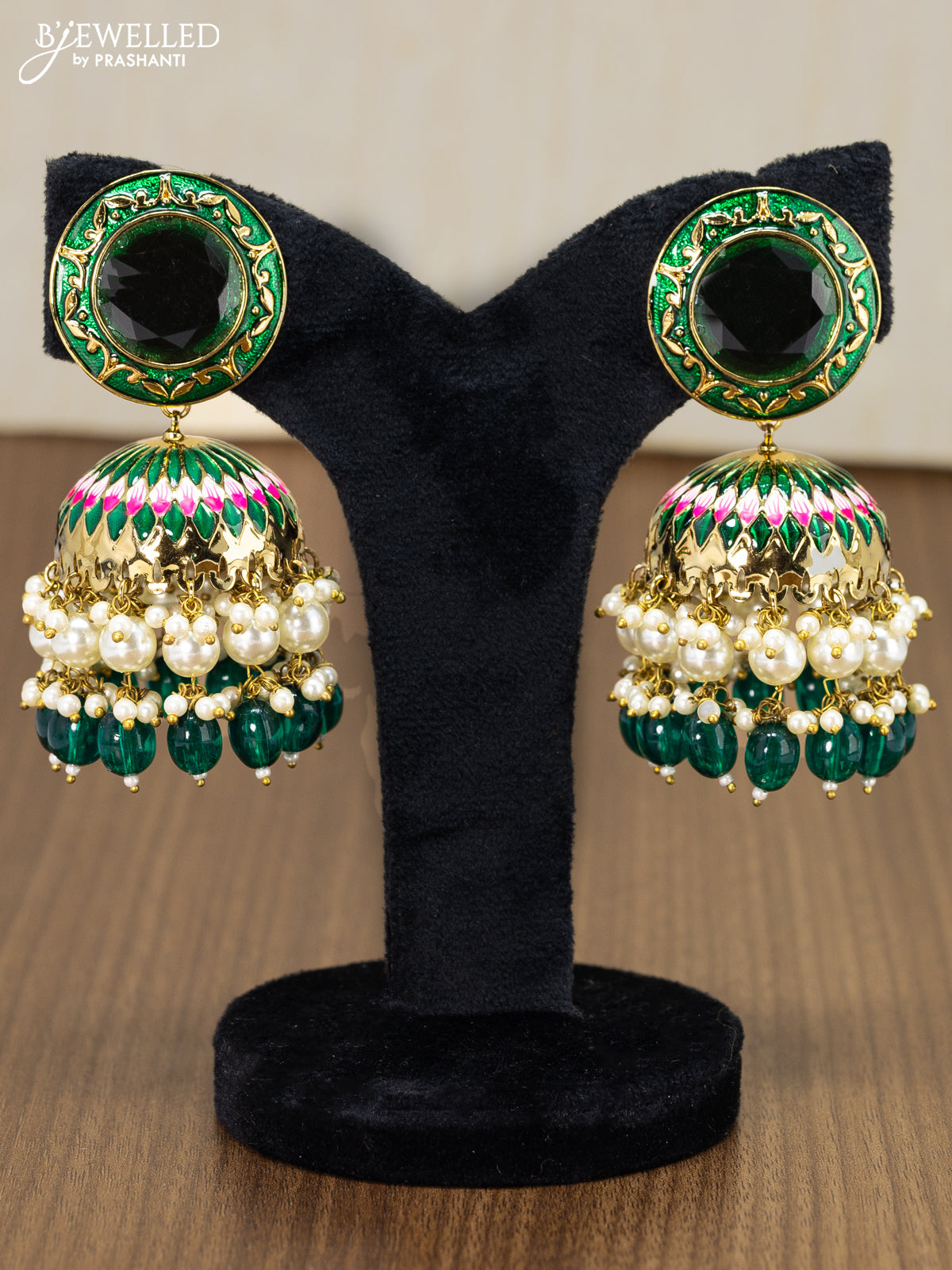 Light weight minakari green jhumka with pearl and monalsia beads hanging