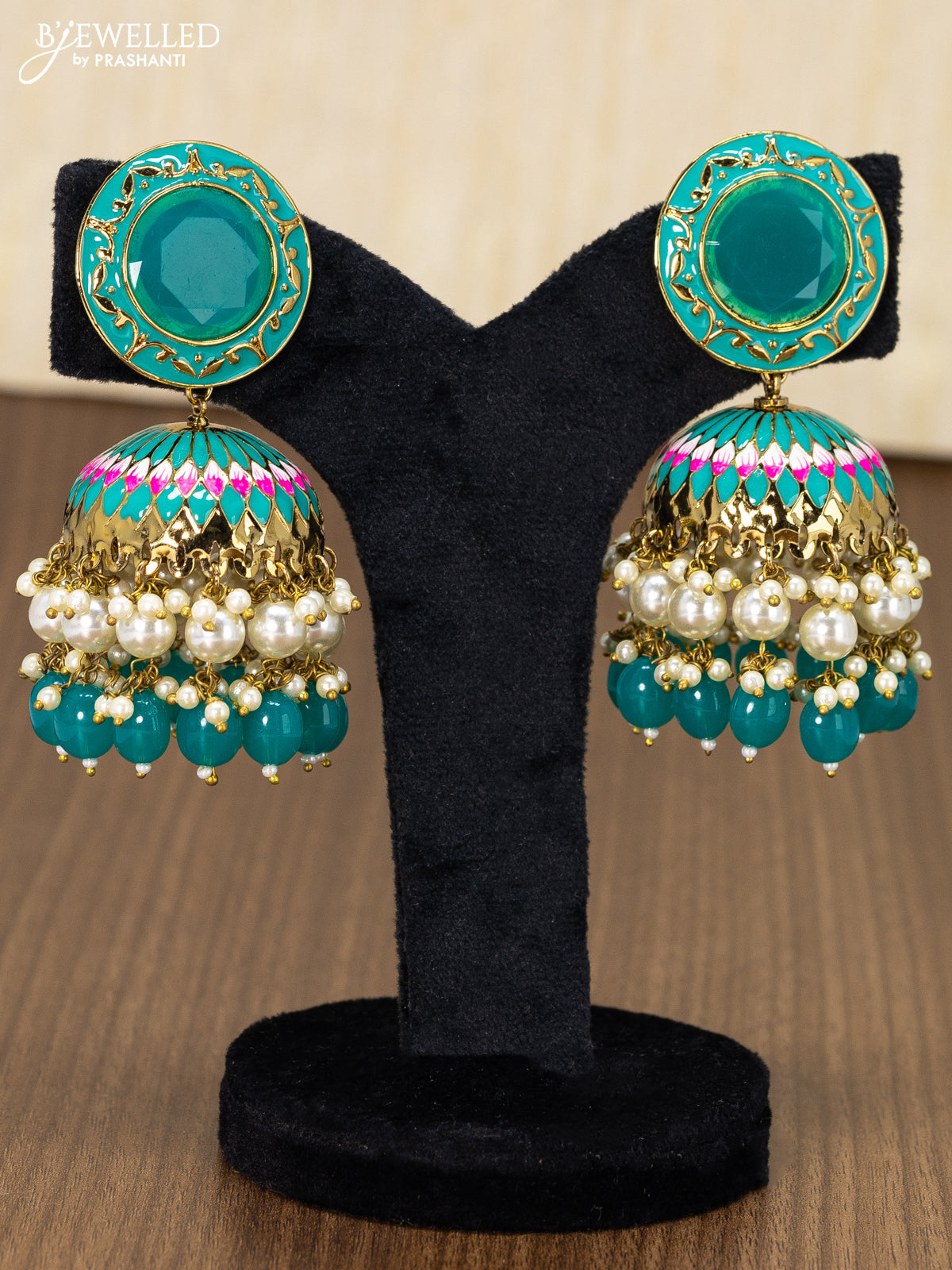 Light weight minakari teal blue jhumka with pearl and monalsia beads hanging