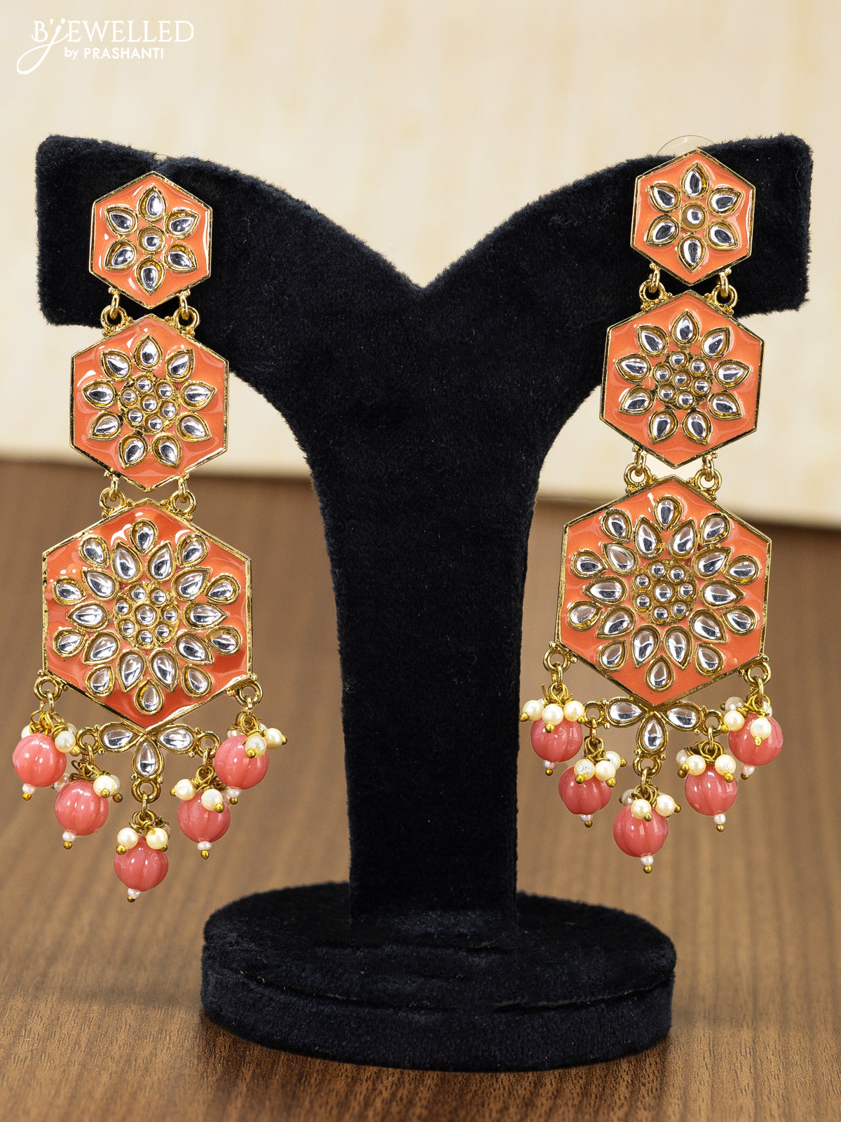 Light weight earring peach pink with kundan stones and monalisa beads hanging