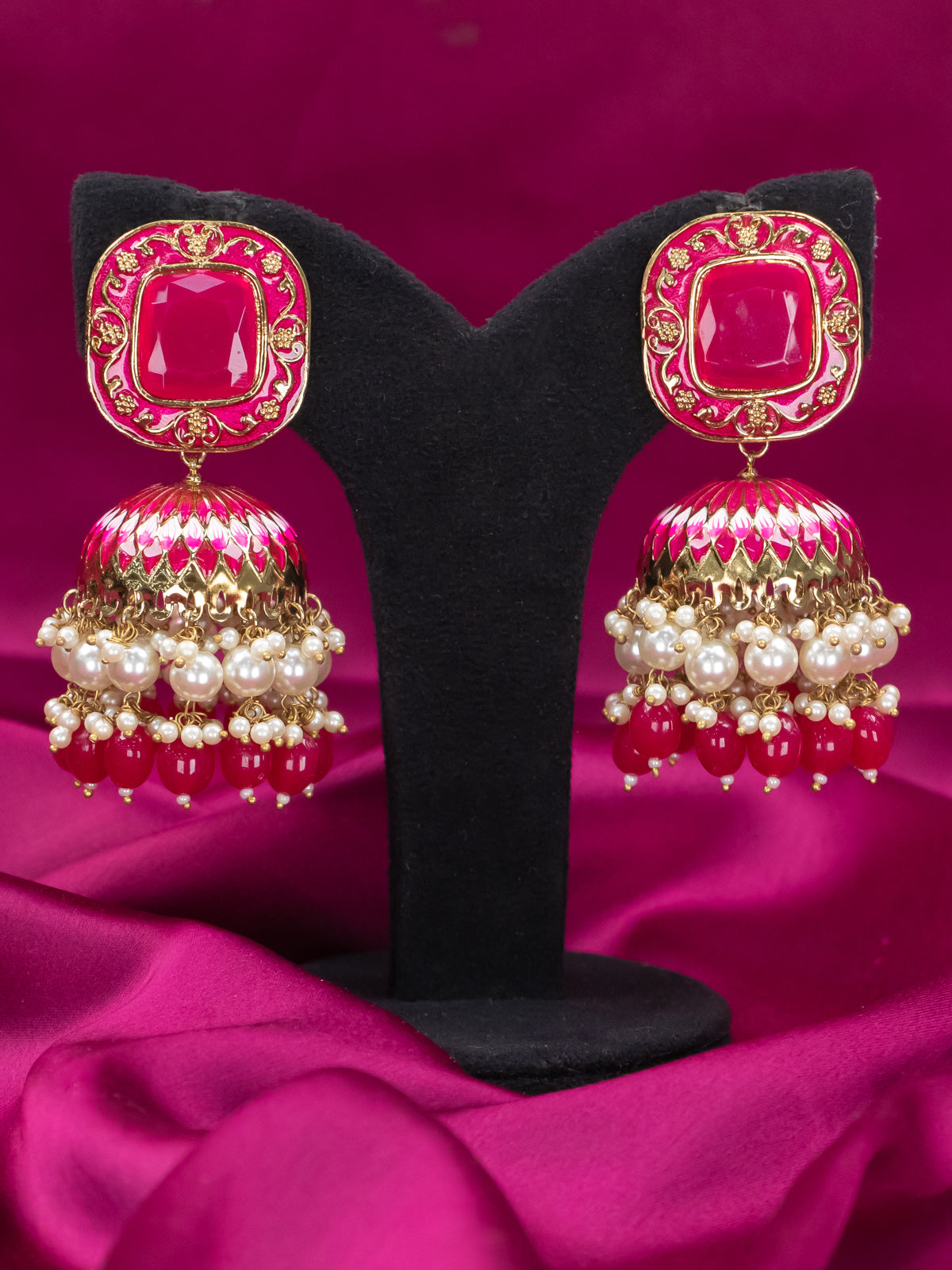 Light weight minakari pink jhumka with pearl and monalsia beads hanging