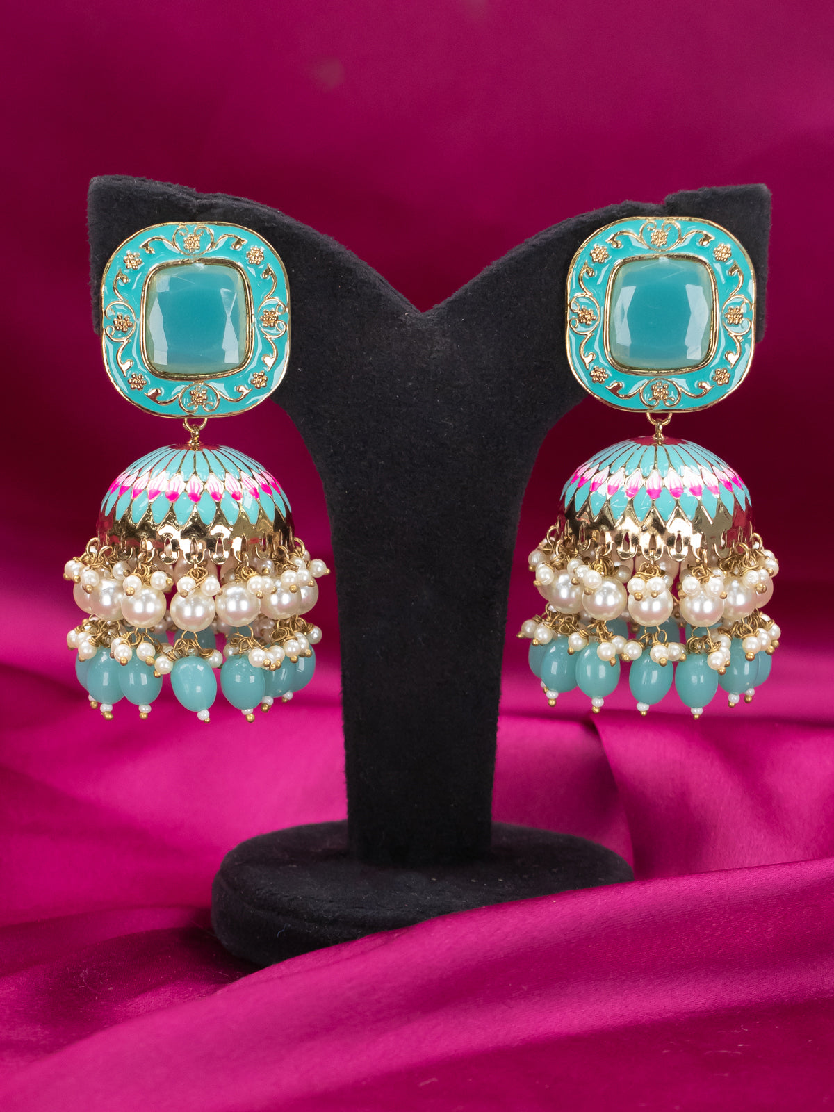 Light weight minakari teal blue jhumka with pearl and monalsia beads hanging