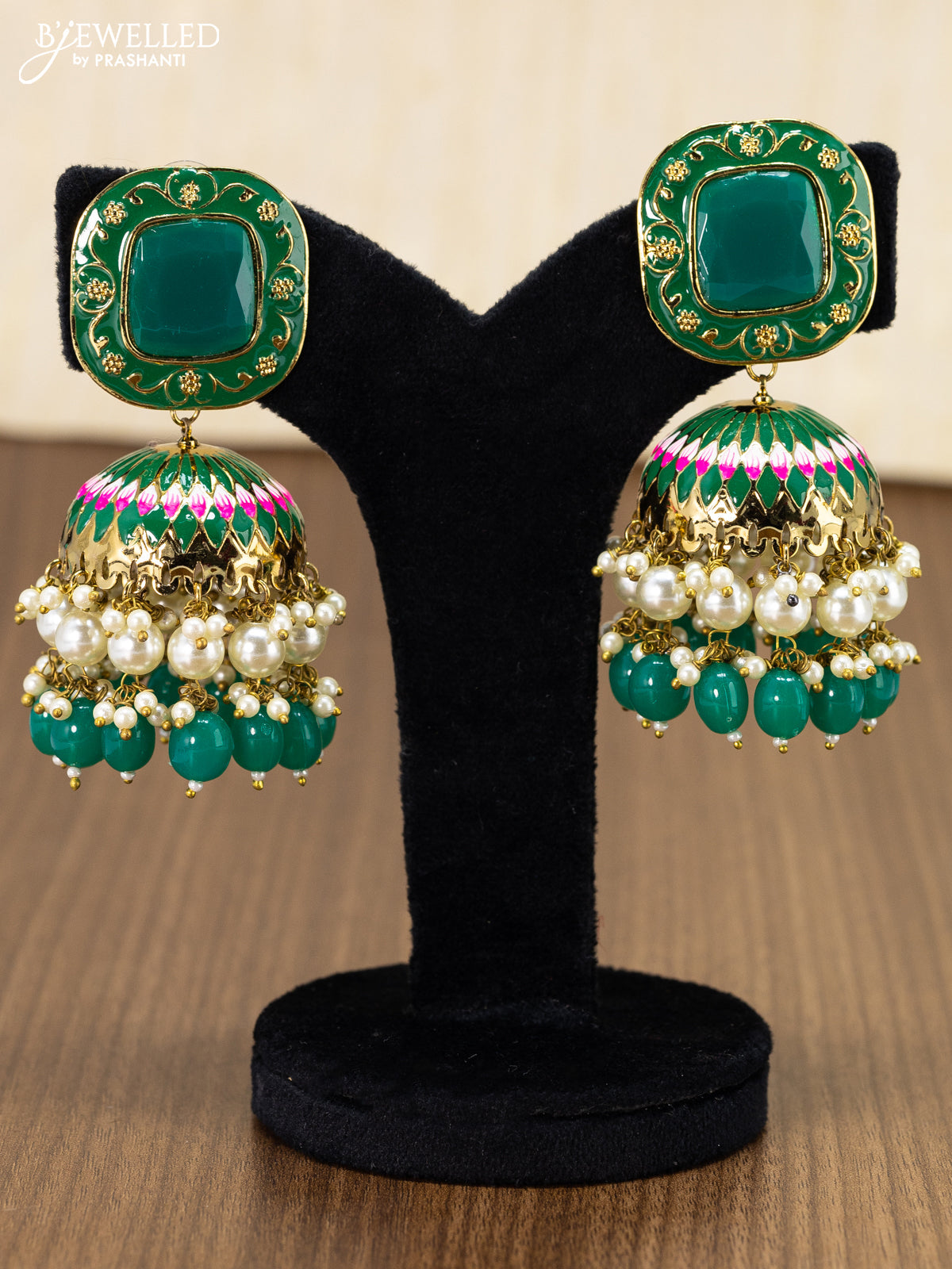 Light weight minakari green jhumka with pearl and monalsia beads hanging