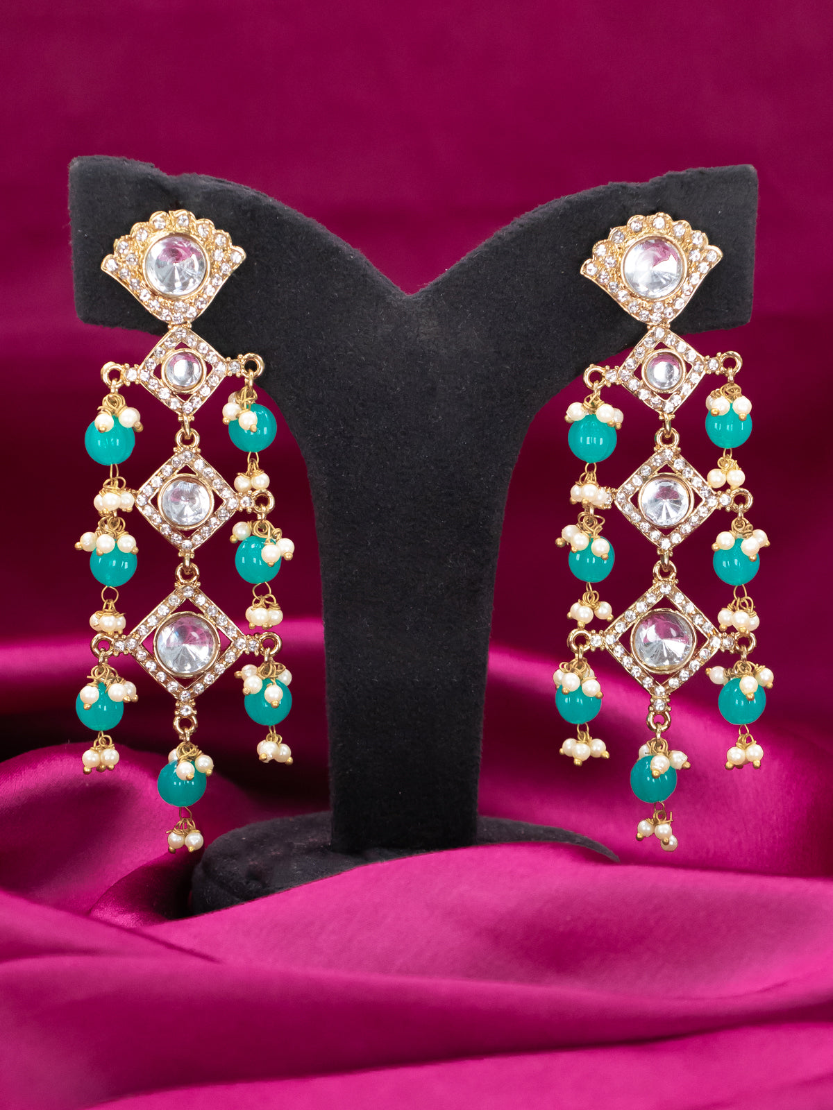 Light weight earring with cz stones and teal blue beads hanging