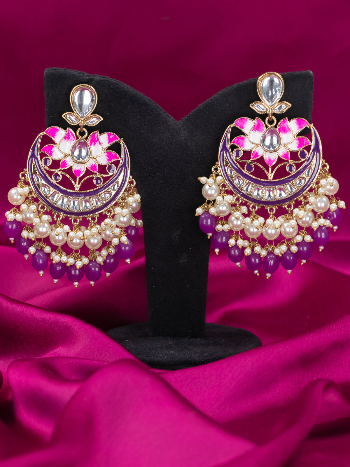 Light weight lotus design violet chandbali earring with pearls and monalisa beads hanging