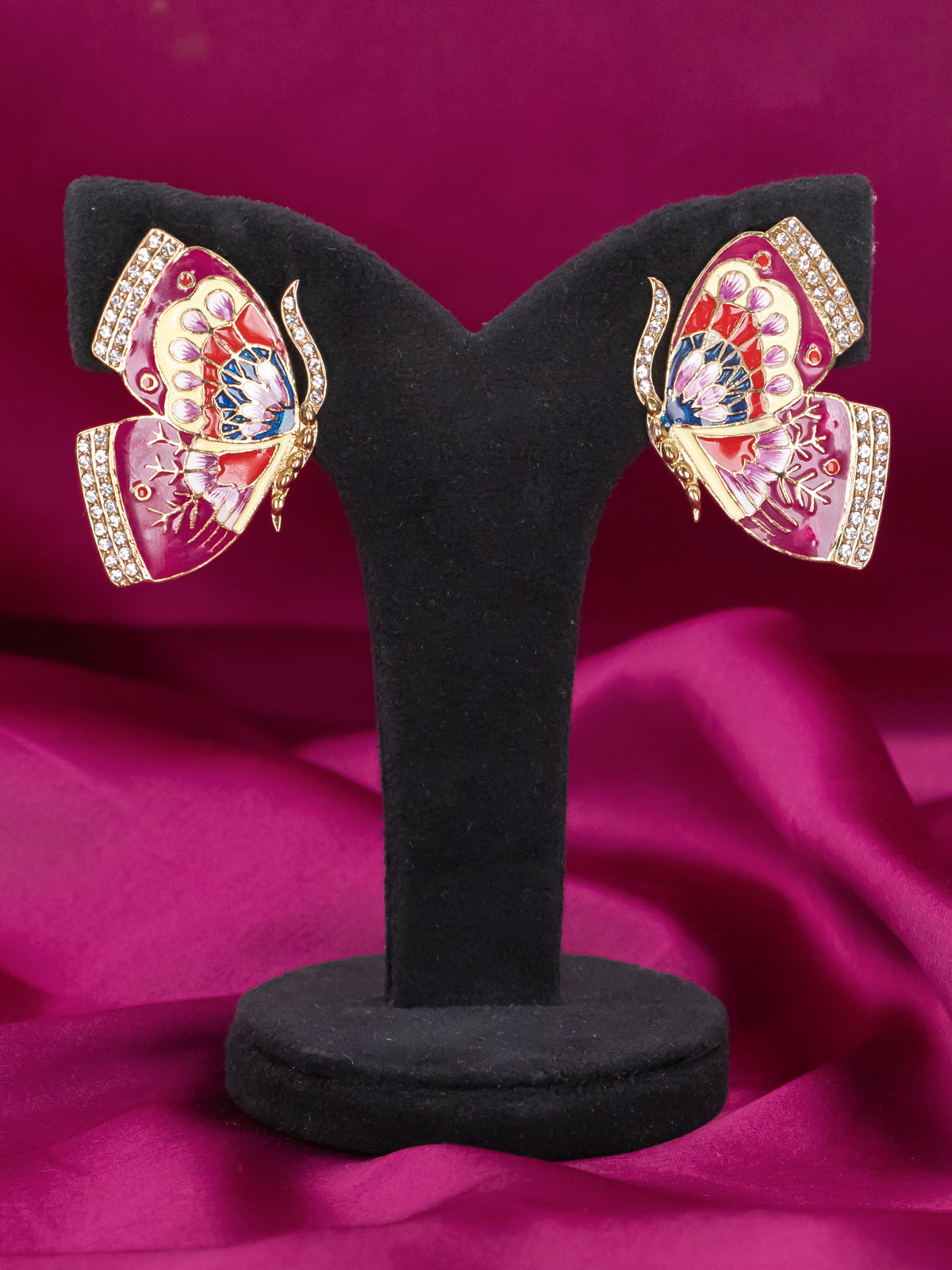 Light weight minakari magenta pink butterfly earring with cz stones