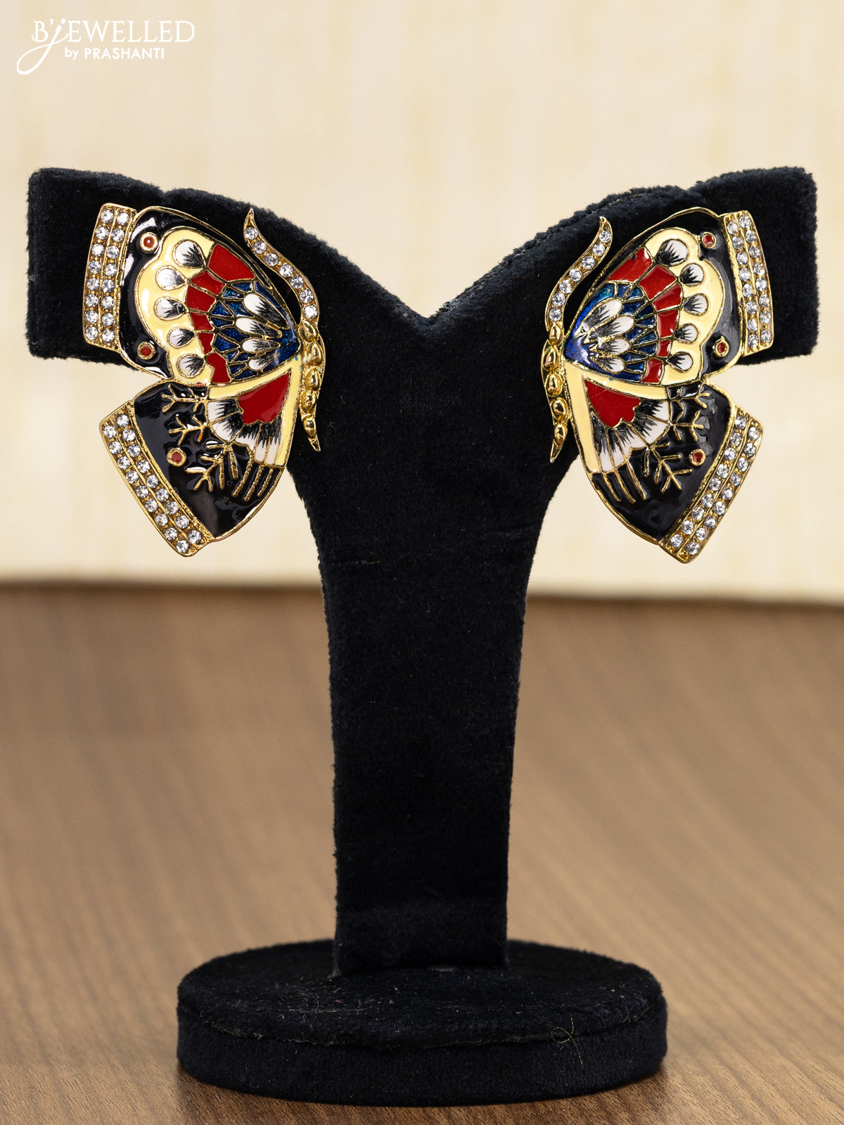 Light weight minakari black butterfly earring with cz stones