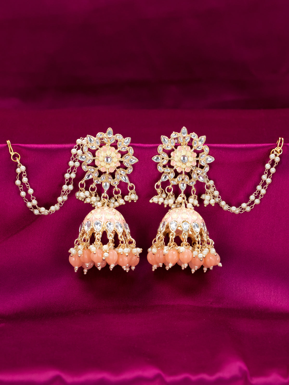 Light weight minkari peach jhumka with pearl maatal