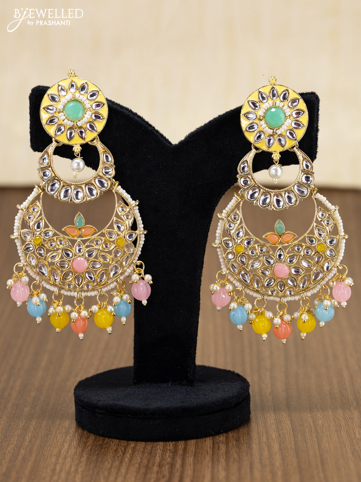 Light weight yellow chandbali earring with kundan stones and pearl maatal