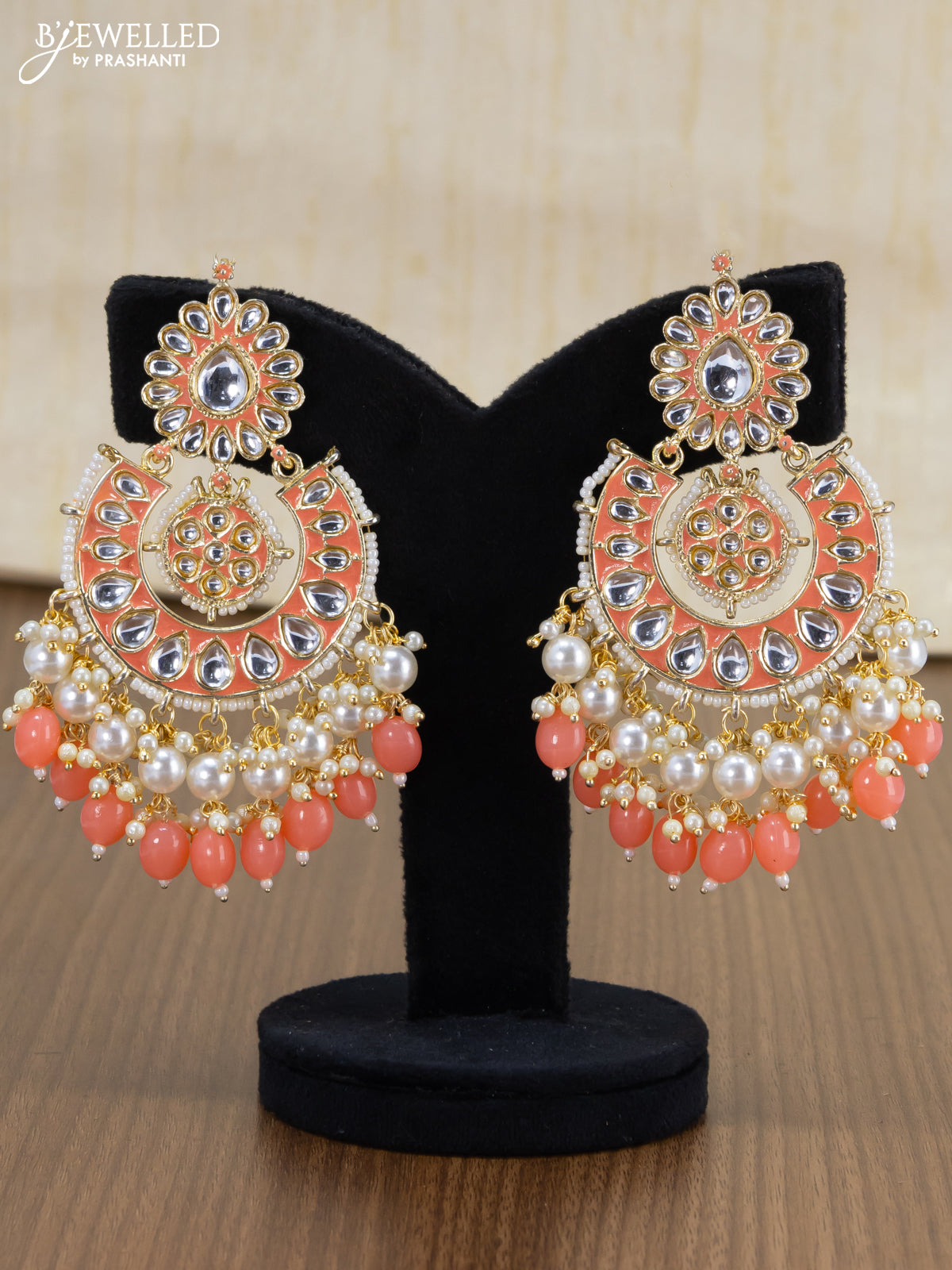 Light weight chandbali peach minakari earrings with pearl maatal