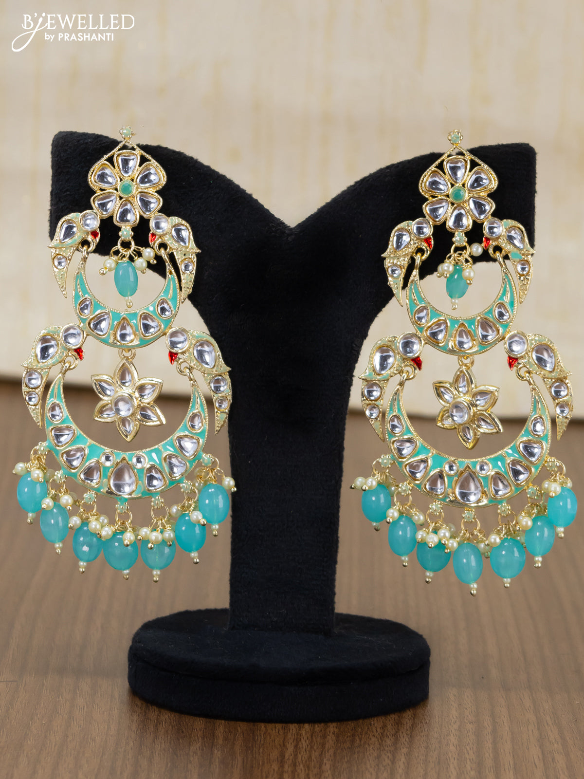 Light weight chandbali light blue minakari earrings with pearl maatal