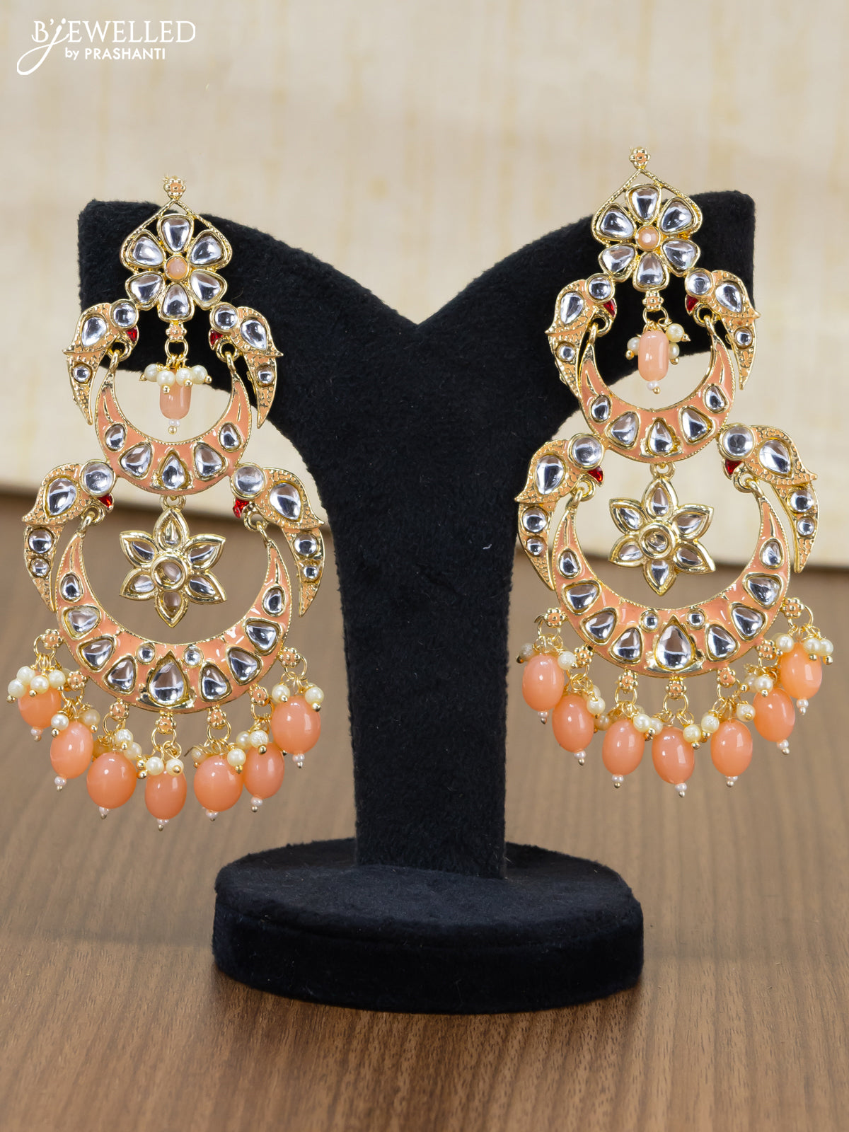 Light weight chandbali peach minakari earrings with pearl maatal