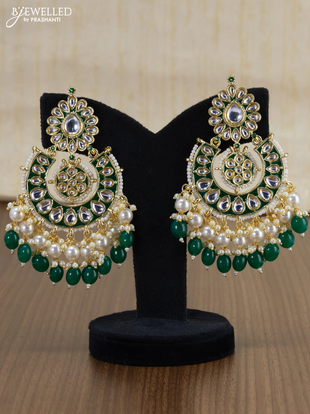 Light weight chandbali green minakari earrings with pearl maatal