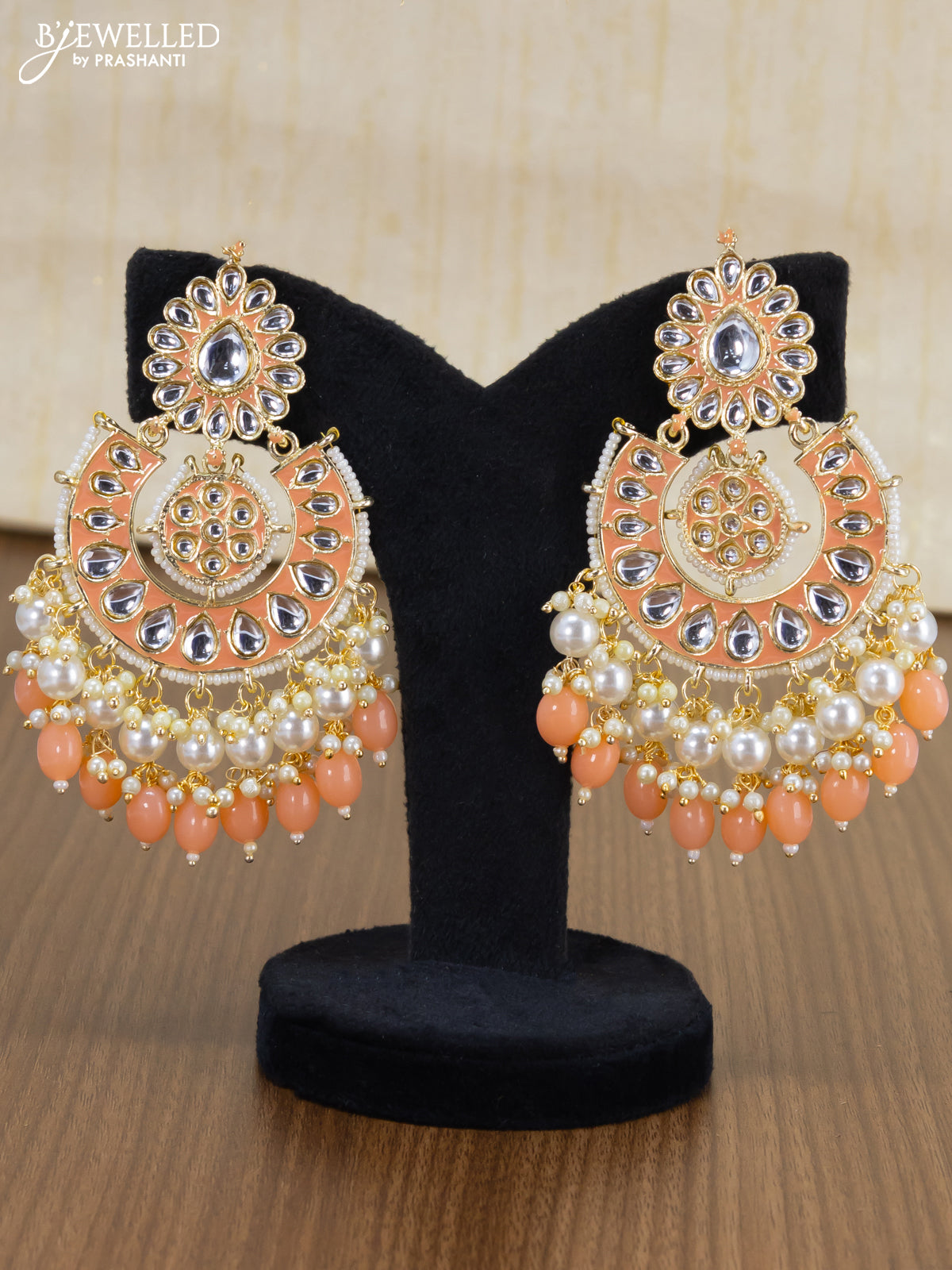 Light weight chandbali peach minakari earrings with pearl maatal