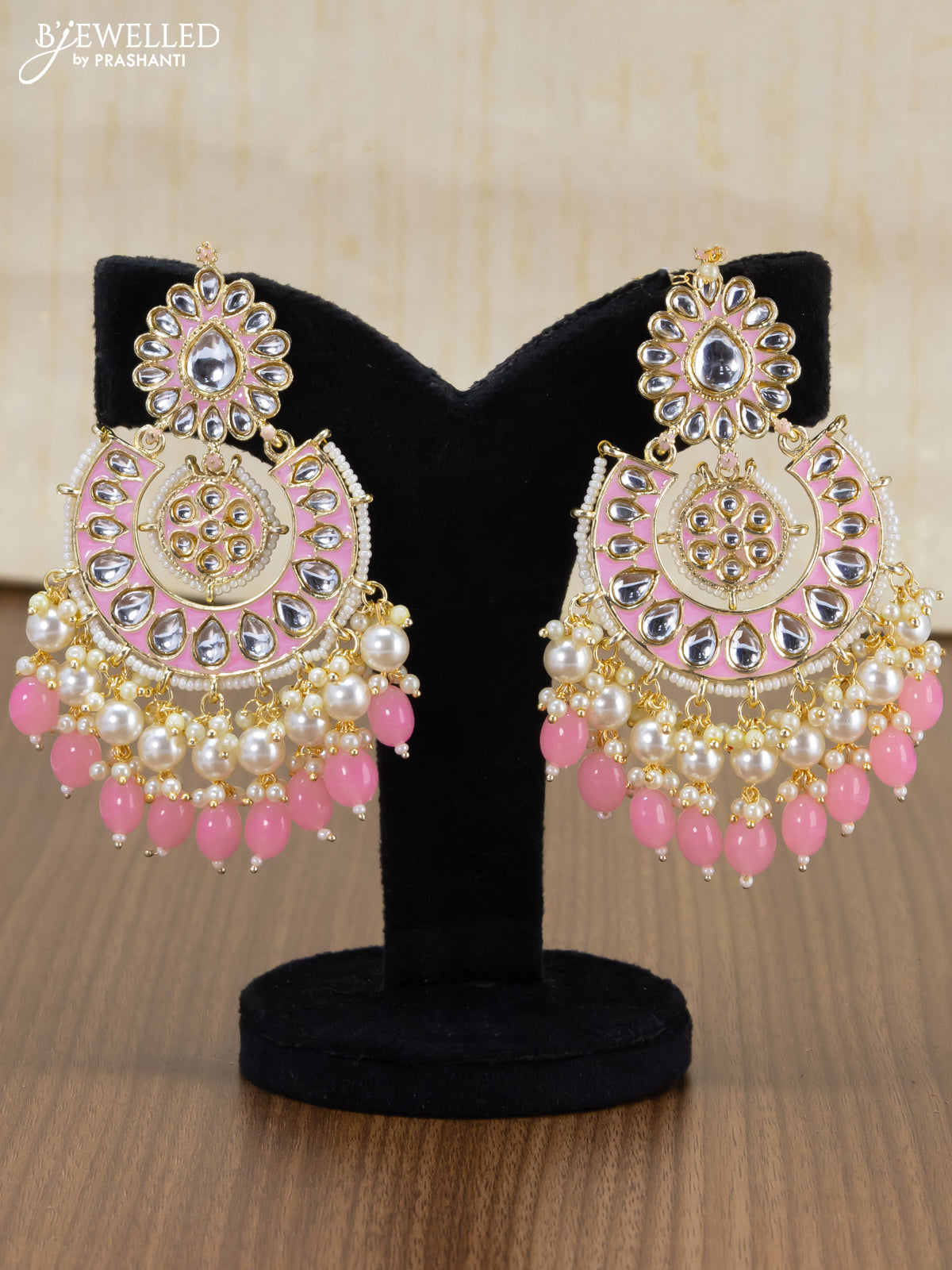 Light weight chandbali baby pink minakari earrings with pearl maatal