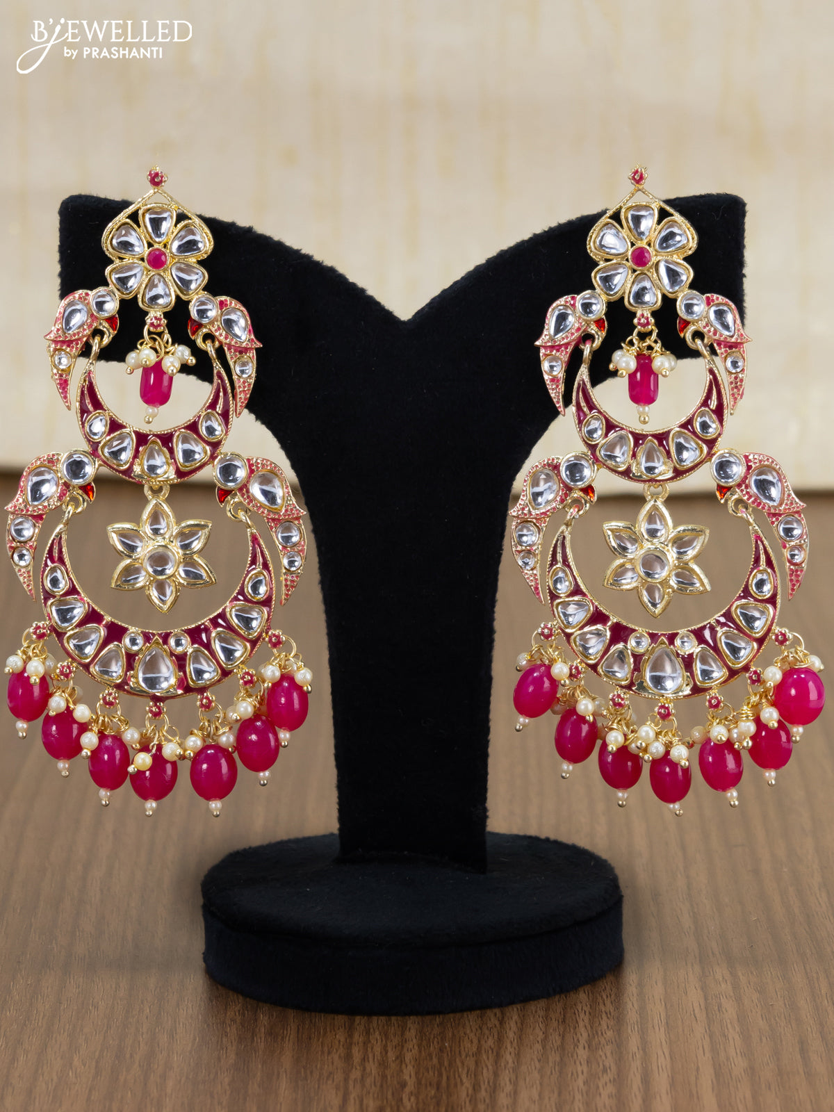 Light weight chandbali pink minakari earrings with pearl maatal