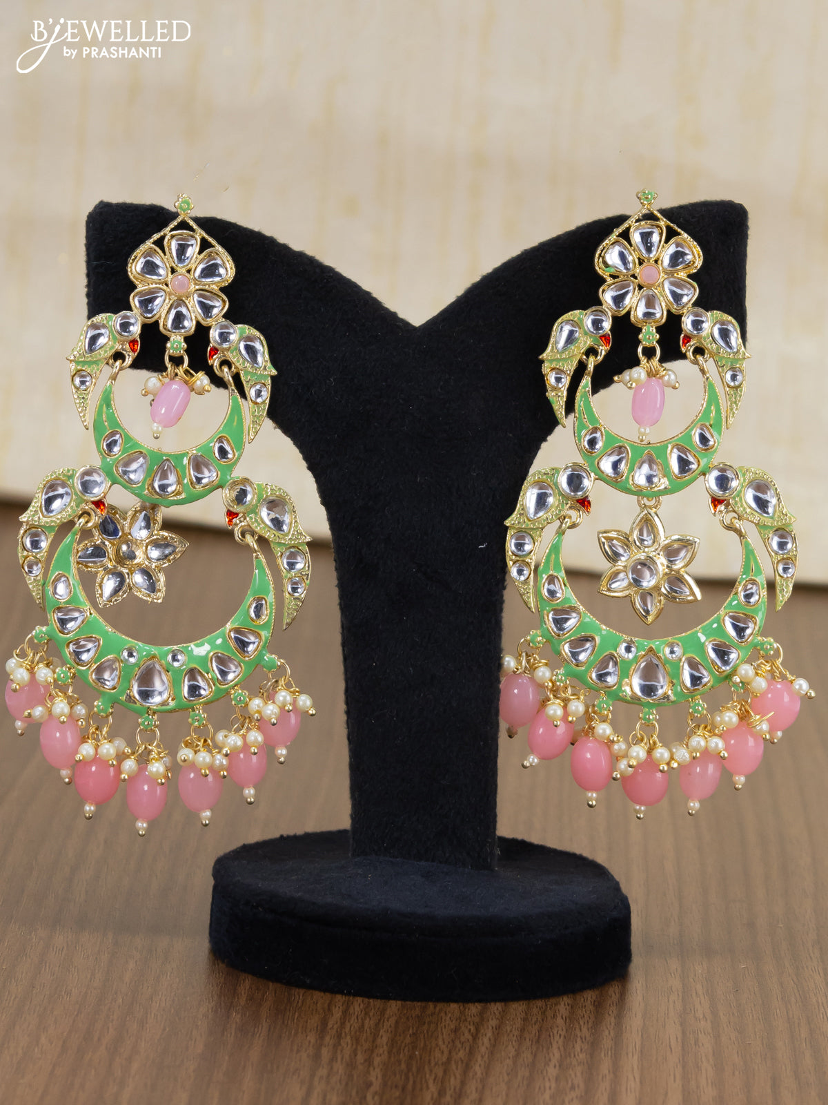 Light weight chandbali green minakari earrings with pearl maatal