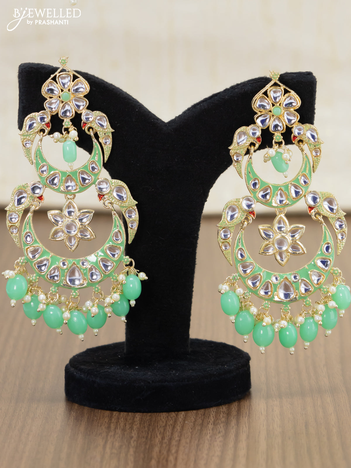 Light weight chandbali teal green minakari earrings with pearl maatal