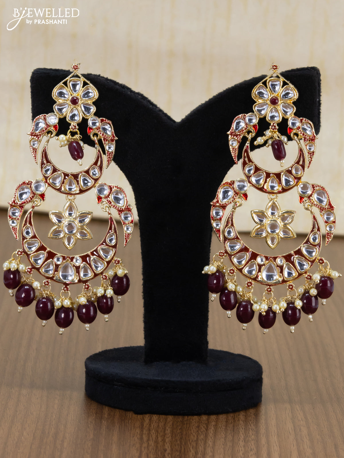 Light weight chandbali maroon minakari earrings with pearl maatal