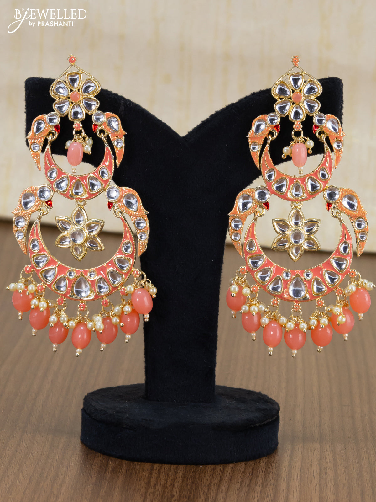 Light weight chandbali peach minakari earrings with pearl maatal