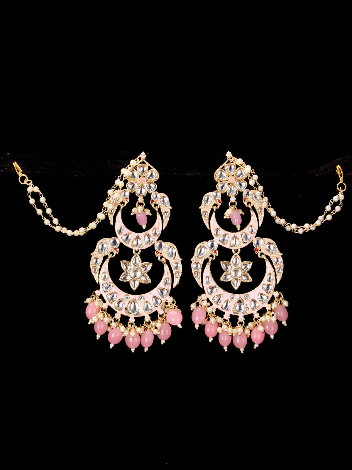 Light weight chandbali baby pink minakari earrings with pearl maatal