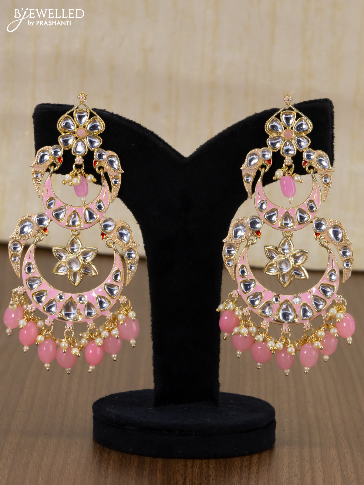 Light weight chandbali baby pink minakari earrings with pearl maatal