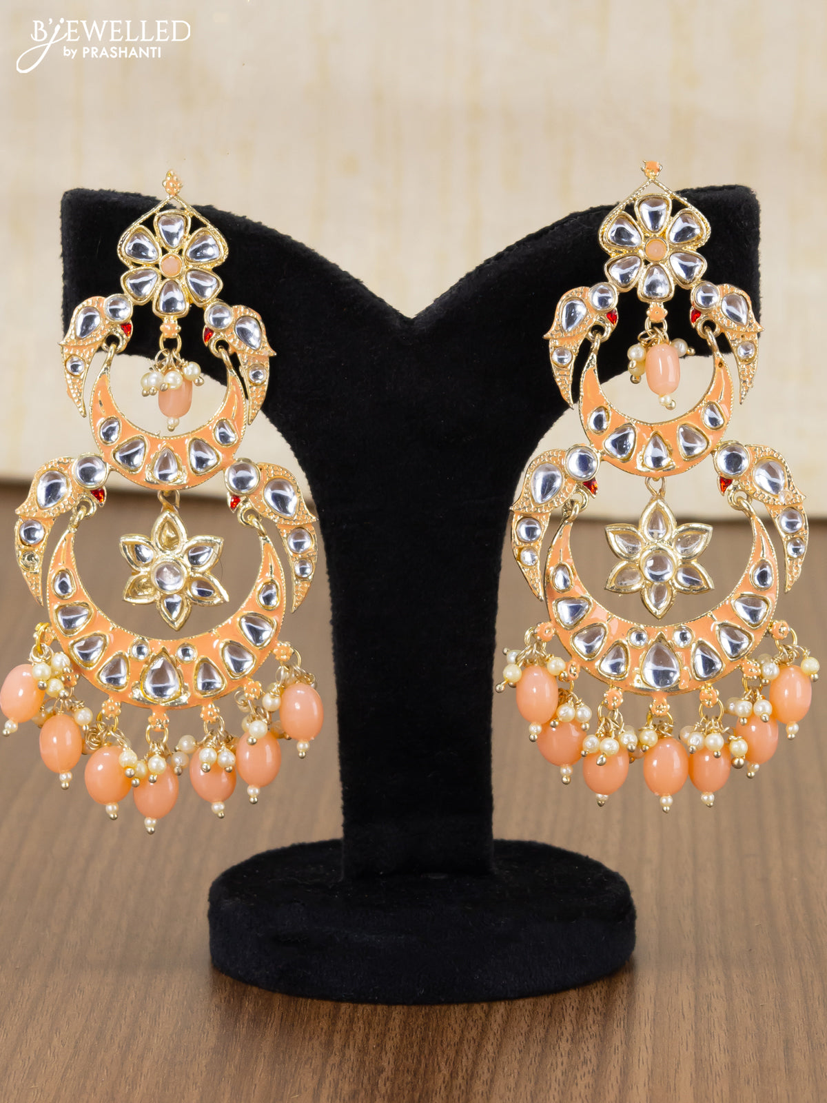 Light weight chandbali peach minakari earrings with pearl maatal