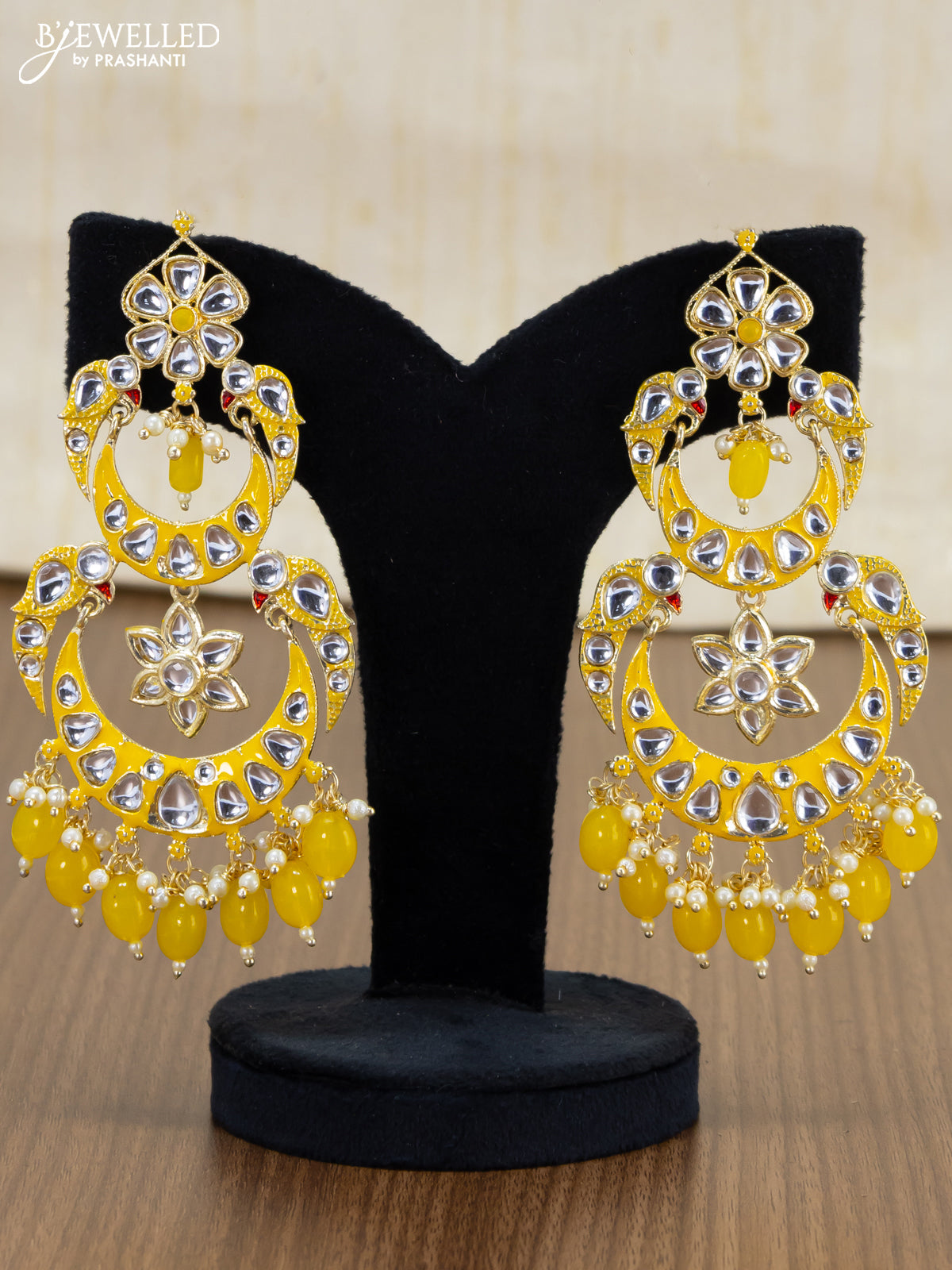 Light weight chandbali yellow minakari earrings with pearl maatal