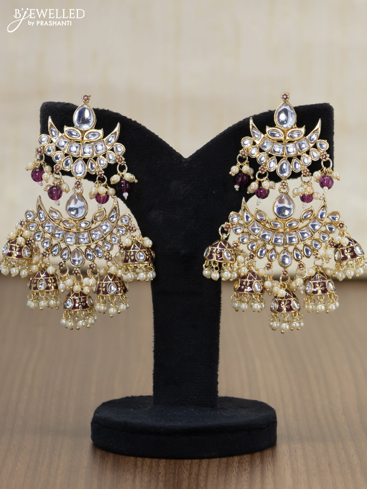 Light weight earrings maroon and kundan stones with pearl maatal