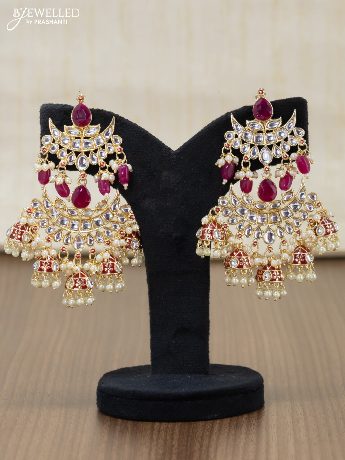 Light weight earrings pink and kundan stones with pearl maatal