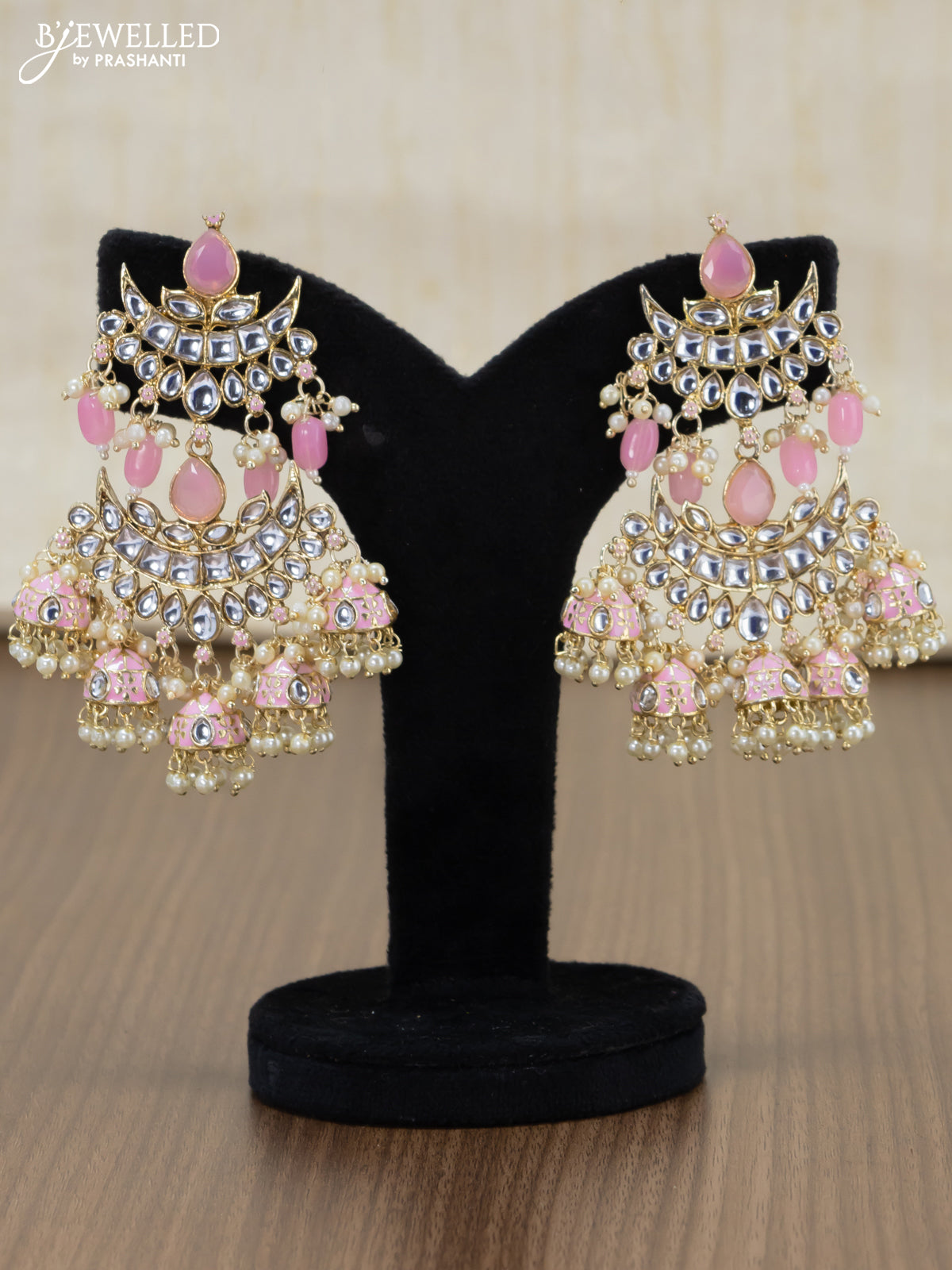 Light weight earrings baby pink and kundan stones with pearl maatal