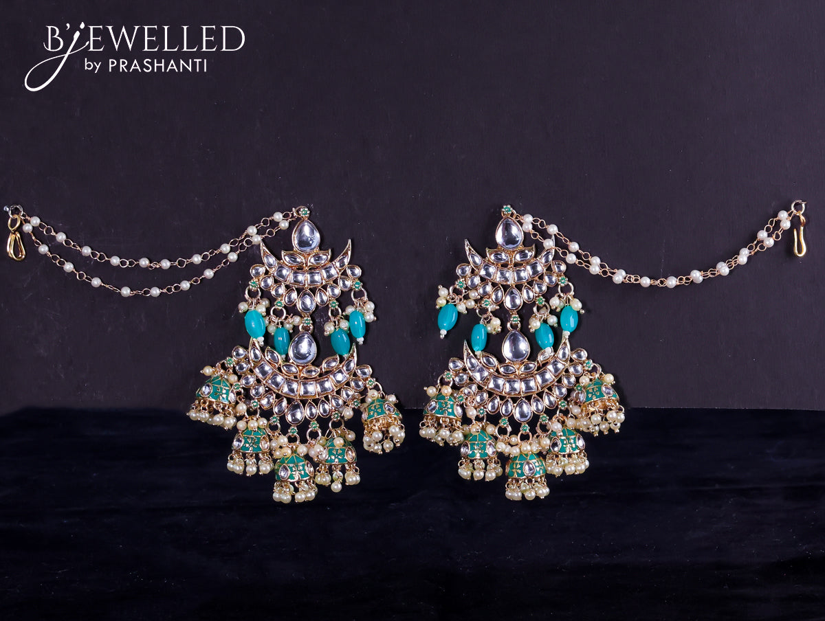 Light weight earrings teal green and kundan stones with pearl maatal