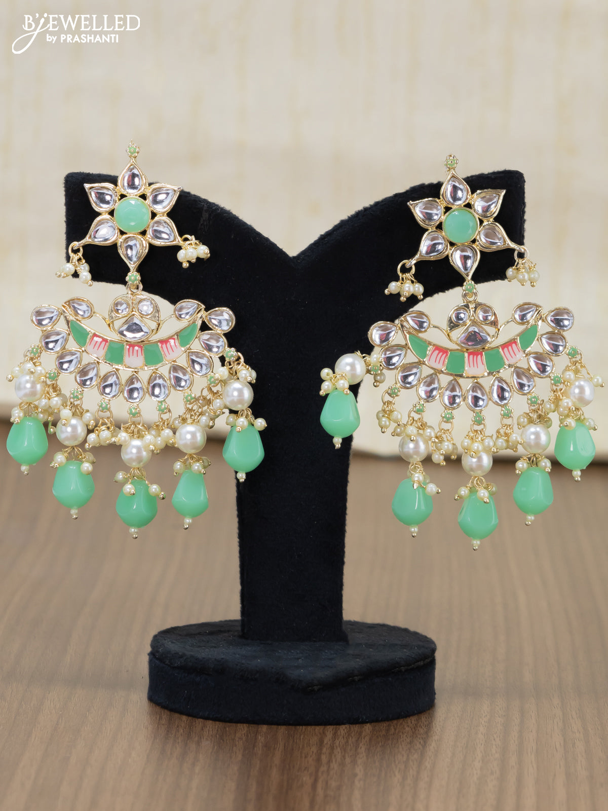 Light weight minakari mint green earrings with pearl maatal