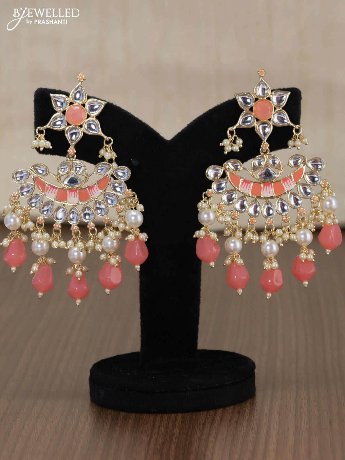 Light weight minakari peach pink earrings with pearl maatal