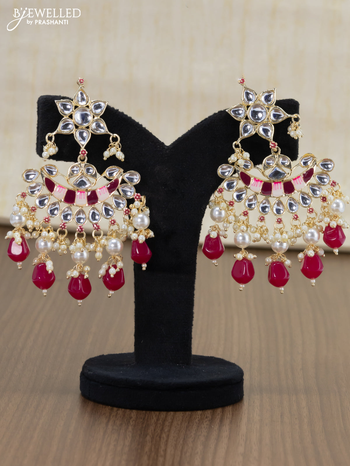 Light weight earrings minakari dark pink and kundan stones with pearl maatal