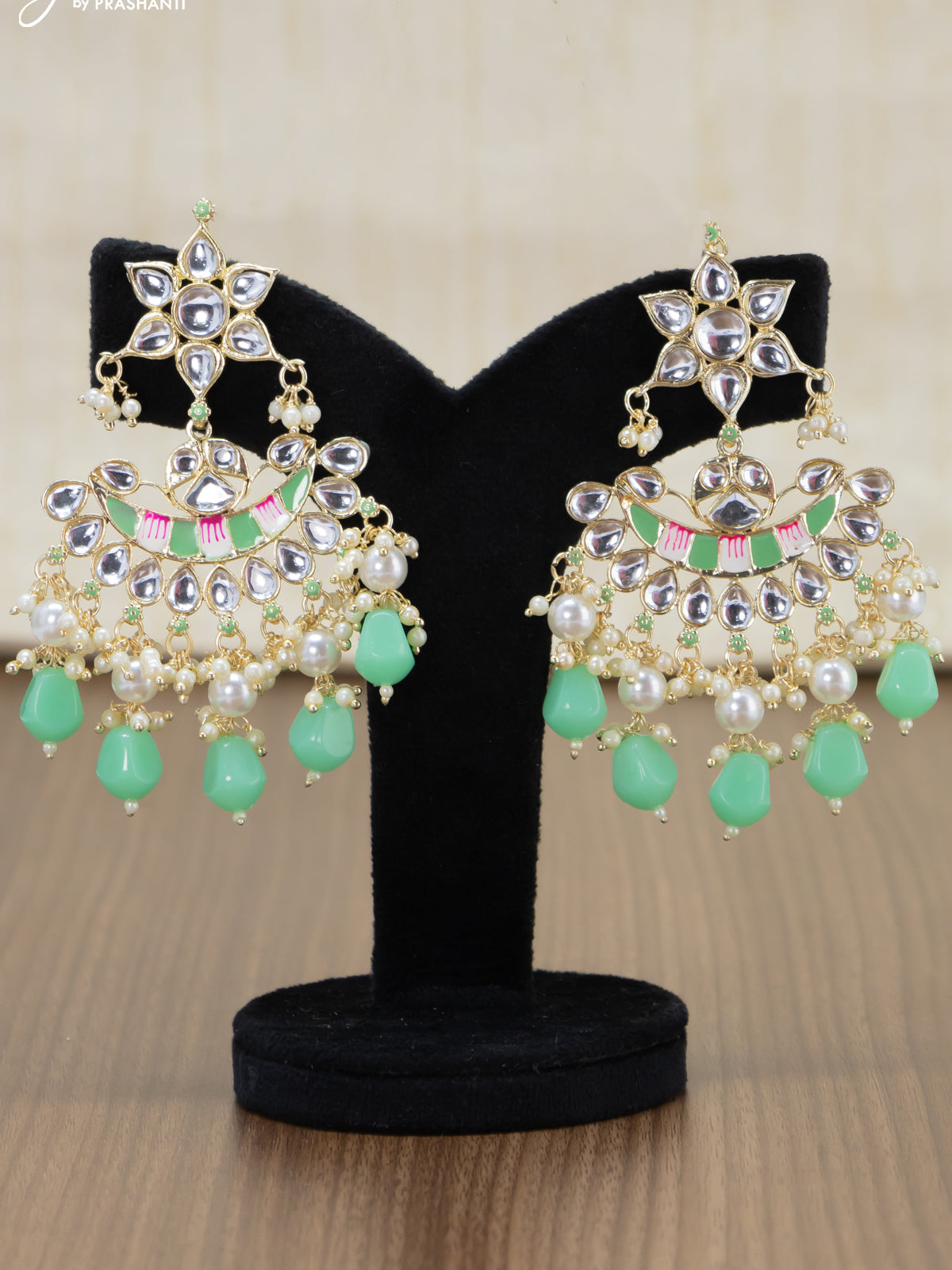 Light weight minakari light green earrings with pearl maatal