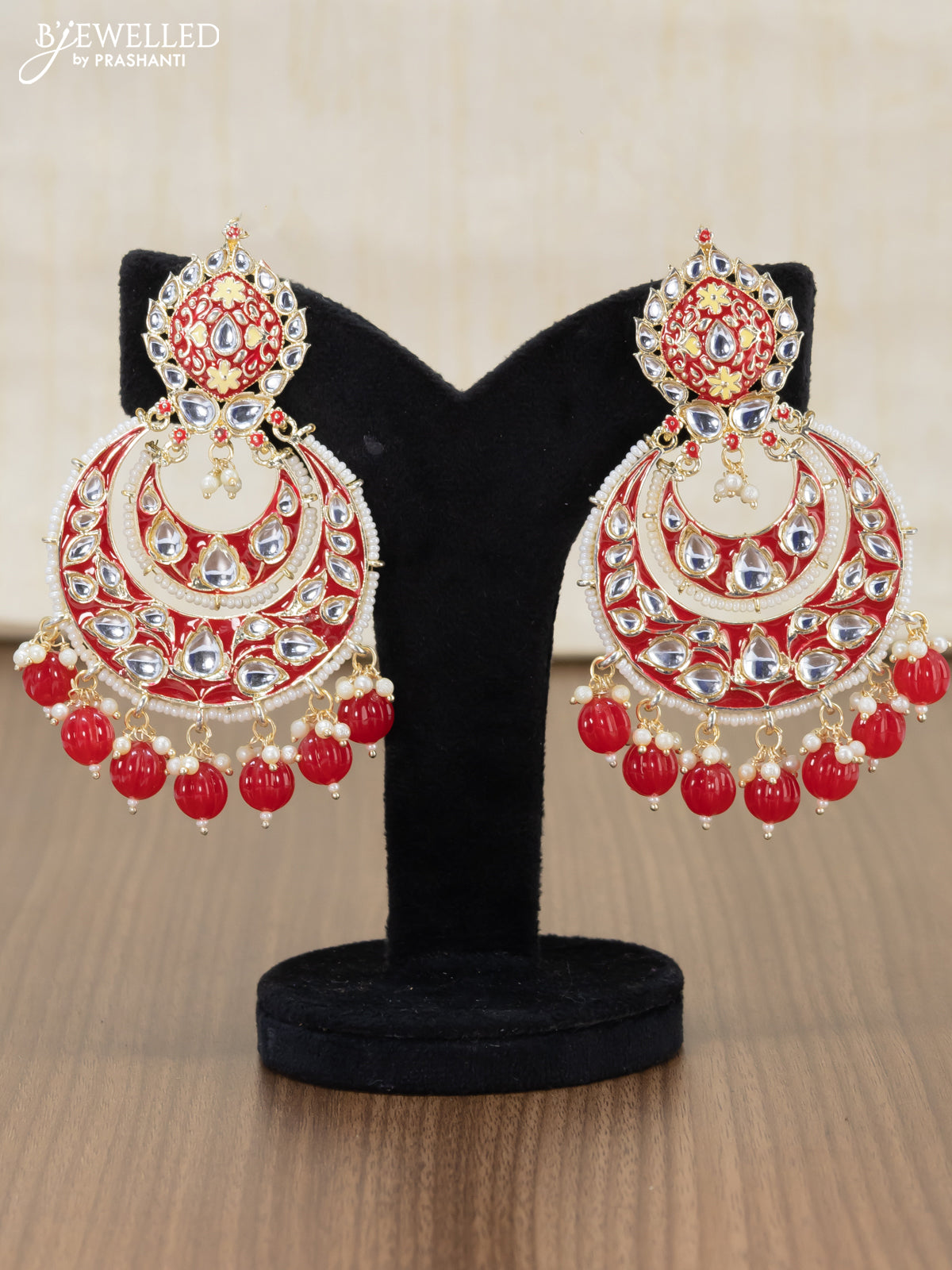 Light weight chandbali red minakari earrings with pearl maatal