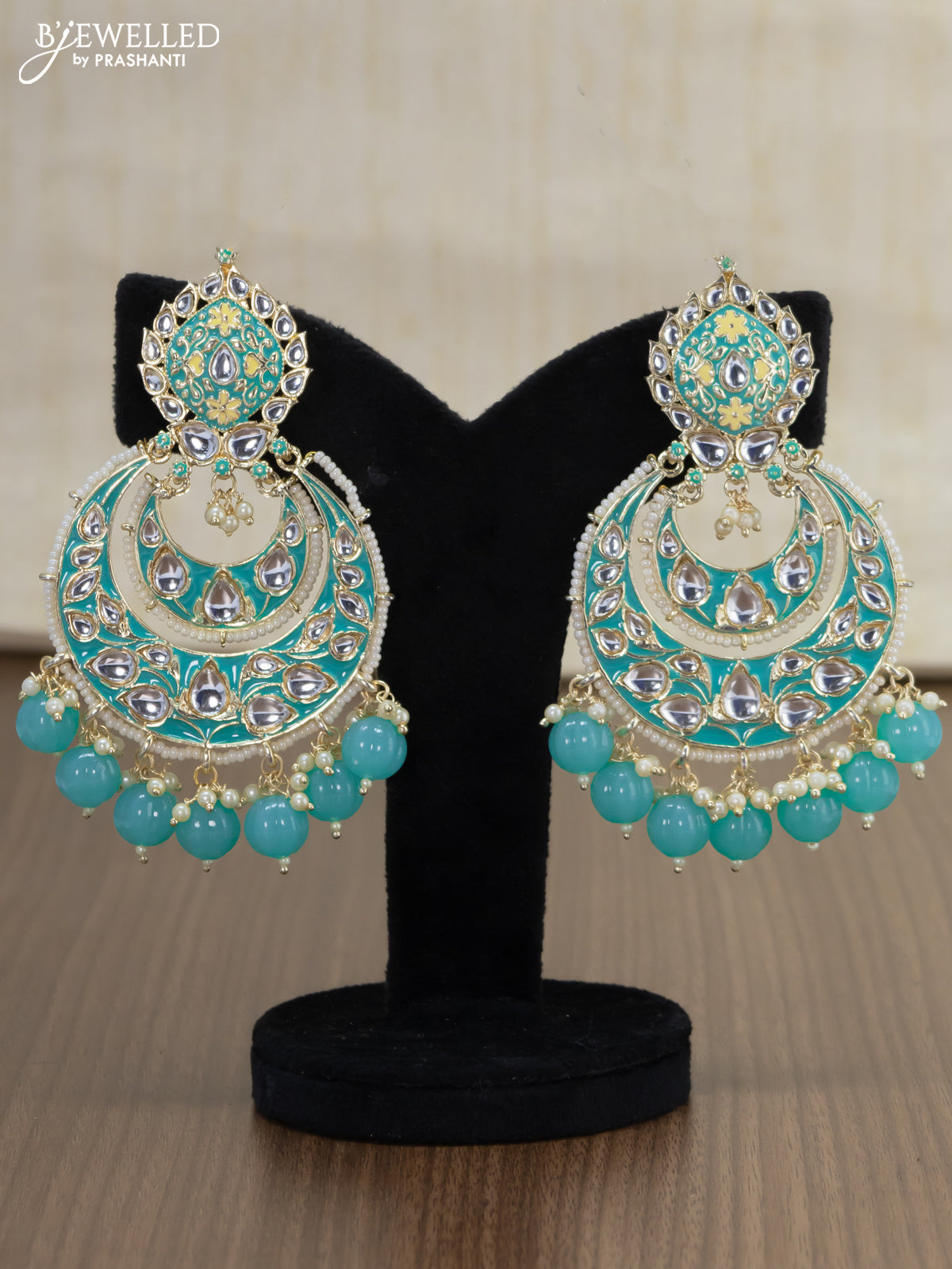 Light weight chandbali light blue minakari earrings with pearl maatal