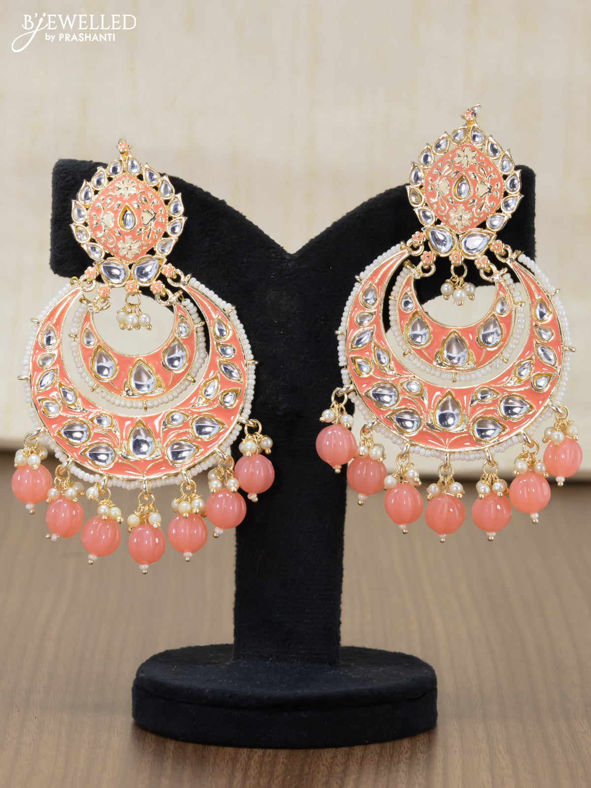 Light weight chandbali peach pink minakari earrings with pearl maatal