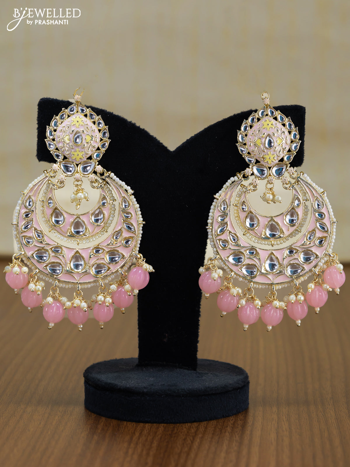 Light weight chandbali baby pink minakari earrings with pearl maatal